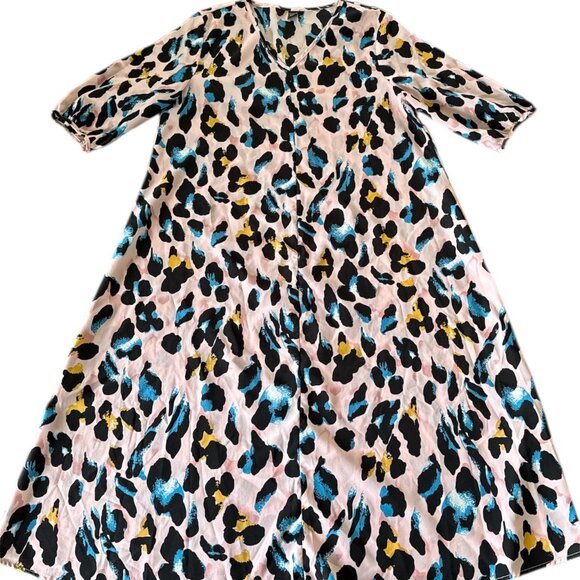 Emery Rose XL Pink Abstract Leopard Print Midi Dress – V-Neck, 3/4 Sleeve, Flowi - Picture 1 of 6
